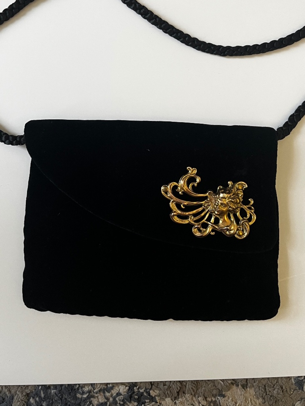 Vintage Frabrik Lane Black Velvet Evening Shoulder Bag Gold Lion Art Nouveau USA